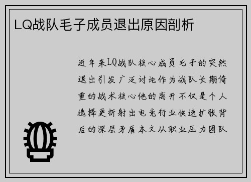 LQ战队毛子成员退出原因剖析