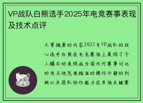 VP战队白熊选手2025年电竞赛事表现及技术点评