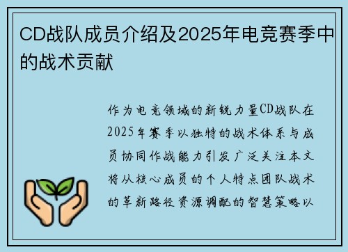 CD战队成员介绍及2025年电竞赛季中的战术贡献